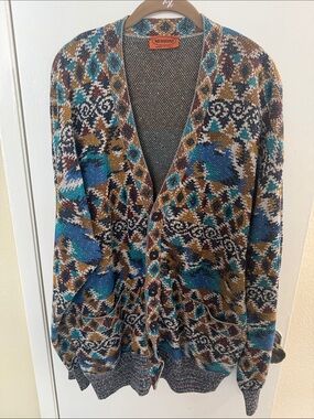 Missoni Multicolor Geometric V-Neck Cardigan — Teal, Brown, Cream, Blue